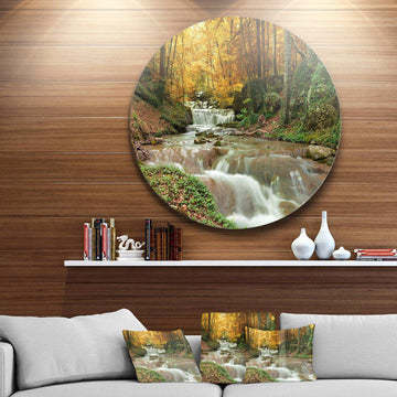 Forest Waterfall with Yellow Trees - Landscape Circle Metal Wall Decor